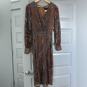 NWT MacDuggal Beaded Long Sleeve Wrap Over Midi Dress
